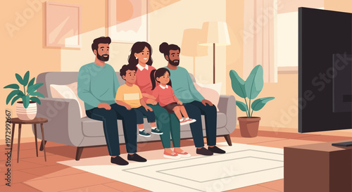 Diverse family enjoying movie night together on sofa, watching television in living room