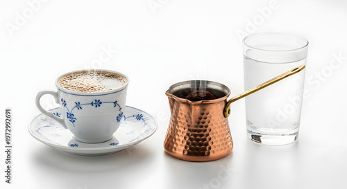 Traditional Greek coffee in a cup with a copper briki and water isolated on a white background