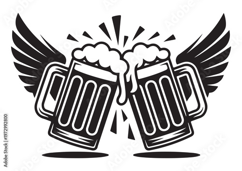 Two beer mugs with wings and foam clinking together in celebration isolated on white background