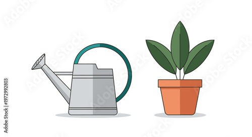 A watering can and potted plant.