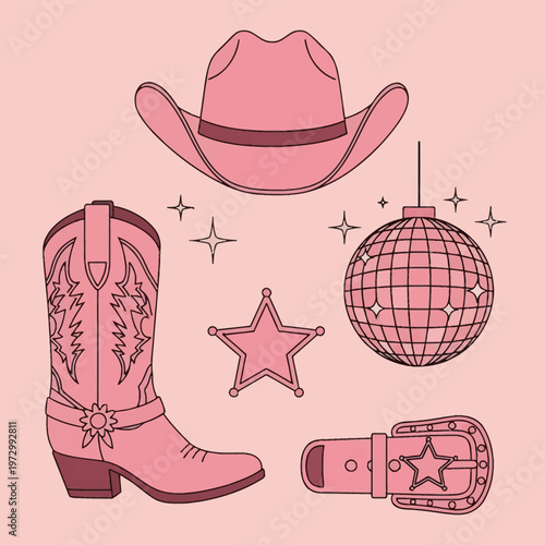 Pink cowgirl disco vector icon set featuring a cowboy hat, boot with spur, hanging disco ball with sparkles, sheriff star badge, and belt buckle with star, isolated on pink background.