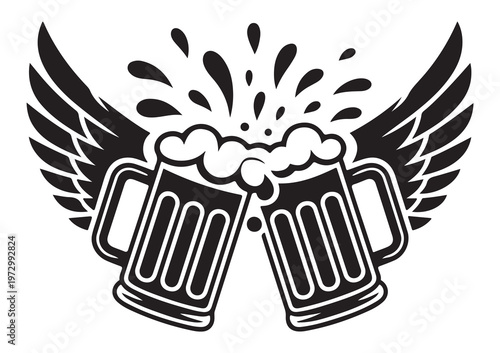 Black and white illustration of two beer mugs with wings clinking together