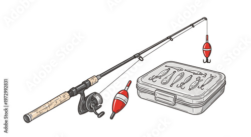 Fishing gear with tackle box and floats.