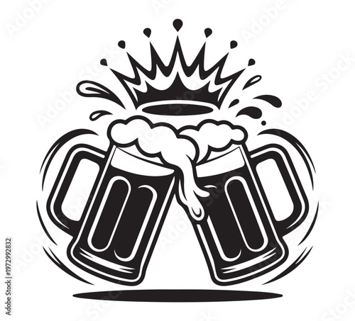 Black and white illustration of two beer mugs clinking with crown
