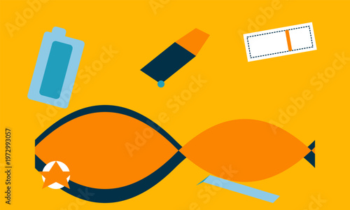 Hand-drawn flat lay collage of essential football supporter gear including ticket scarf and team colors in authentic illustration