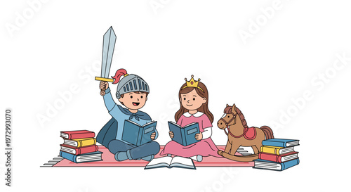 Boy and girl dressed as knight and princess reading books together with toys and book stacks around them in playroom.