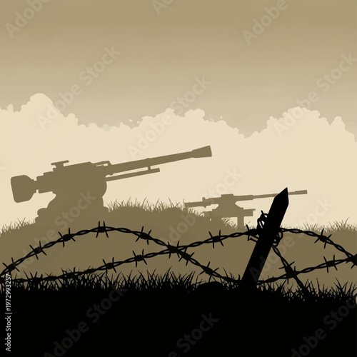 Silhouette Illustration of a War Battlefield Featuring Barbed Wire Fence, Wooden Posts, and Heavy Artillery Machine Guns on Grassy Hills Under a Sepia Cloudy Sky.