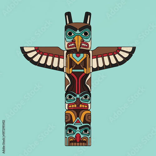 Pacific Northwest indigenous style totem pole vector illustration featuring a thunderbird with spread wings and three stacked carved masks on a plain light blue background.