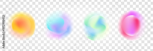 Set color circle gradient noise gradation. Abstract colorful watercolor blur mesh on isolated transparent background. Circle shape png. Gradient aura, grain neon blob noise effect vector illustration.