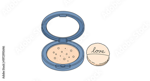 Open cosmetic compact powder container in blue with a separate makeup puff featuring the word love in cursive handwriting.