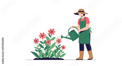 Female gardener wearing a hat and apron watering a garden of red flowers with a green watering can on a sunny day.