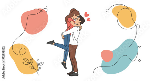 Romantic couple in an affectionate embrace with floating hearts and abstract colorful background shapes celebrating love and devotion.
