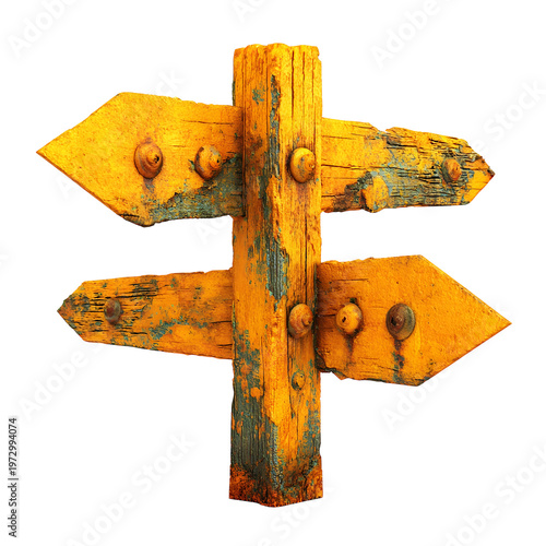 Weathered wooden signpost with directional arrows on transparent background