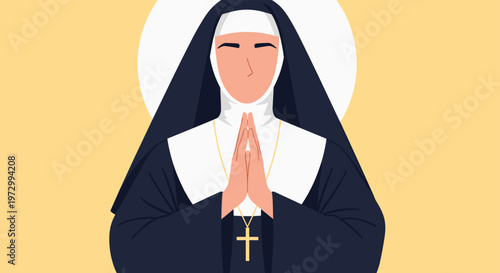 Close up illustration of a nun in a traditional black and white habit with hands pressed together in a prayerful gesture.