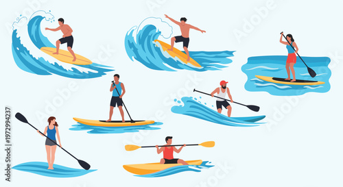 Set of various characters enjoying water sports including surfing, paddleboarding, and kayaking on blue ocean waves.