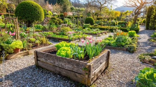 Lush vegetable and flower garden beds flourish under bright sunlight with gravel pathways