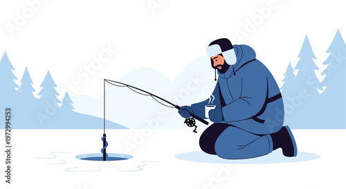 Man in a warm winter parka ice fishing on a frozen lake with a thermos of coffee against a snowy mountain backdrop.