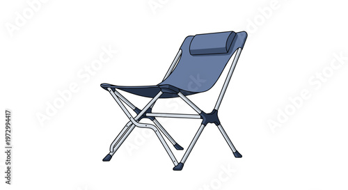 Modern blue folding camping chair with a comfortable headrest and lightweight metal frame isolated on white background.