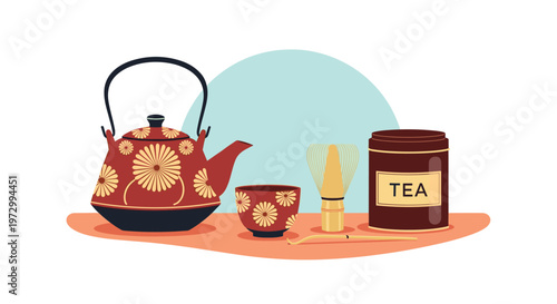 Traditional Japanese tea set including a red patterned teapot, teacup, bamboo whisk, and a canister of green tea.