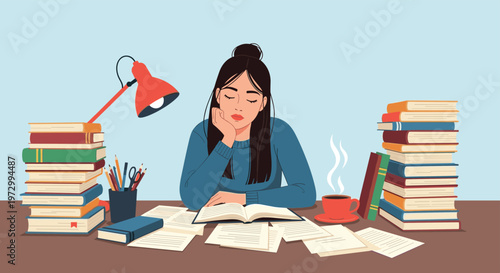 Exhausted young woman studying at a desk piled high with books and papers with a lamp and coffee in a cozy room.