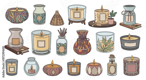 Variety of decorative scented candles in elegant glass jars and ceramic pots with different patterns and fragrances for relaxation.