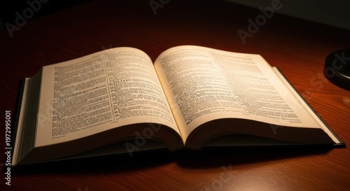 Open dictionary with detailed text on wooden surface