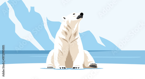 Majestic white polar bear sitting on a snowy ice floe looking up towards the sky in an arctic landscape with blue mountains and water.