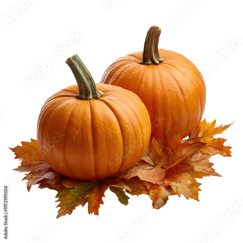 Two pumpkins with fall foliage on transparent background