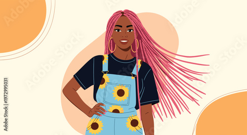 Beautiful black woman with long pink braids wearing blue denim sunflower overalls and a black t-shirt smiling against a warm abstract background.