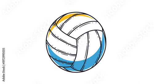 Detailed drawing of a standard volleyball featuring white, blue, and yellow panels with bold black outlines on a clean white background.