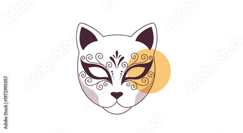 Elegant white cat mask featuring intricate purple scrollwork patterns and a golden yellow circle accent on a plain white background.