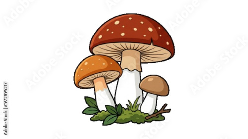 Group of Wild Brown Mushrooms Forest Illustration