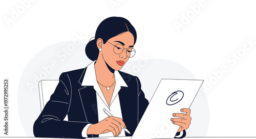 Professional woman wearing glasses and a business suit sitting at her desk while signing a legal document with a copyright symbol.