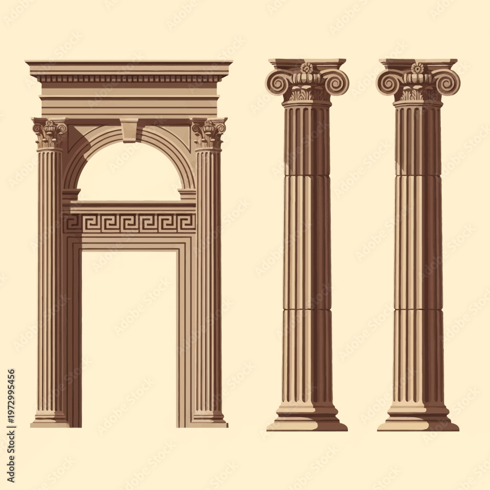 Fototapeta premium Vector illustration of classical Greek and Roman architectural elements featuring an ornate arched portal with Greek key patterns and two fluted columns with Ionic capitals.