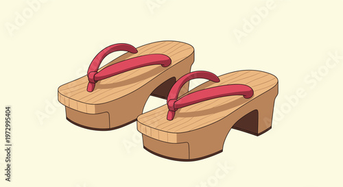 Pair of traditional Japanese wooden footwear called geta featuring elevated soles and bright red fabric straps on a light yellow background.