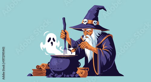 Ancient wizard with a long white beard wearing a purple starry hat and robe stirring a magical potion in a cauldron as a ghost emerges.