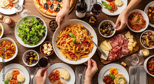 A table full of food and people serving themselves