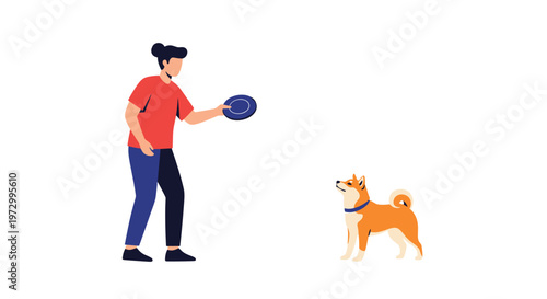 Young man in a red shirt playing fetch with a cute Shiba Inu dog using a blue flying disc on a clean white background.