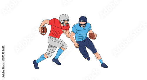 Two American football players wearing helmets and uniforms competing for the ball during an intense match in vector style.