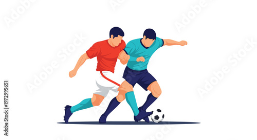 Two soccer players in red and blue jerseys competing for ball control during a professional match on a white background.