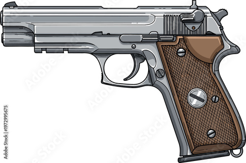 Detailed Vector Illustration of a Silver Handgun with Wooden Grip and Classic Design on a White Background