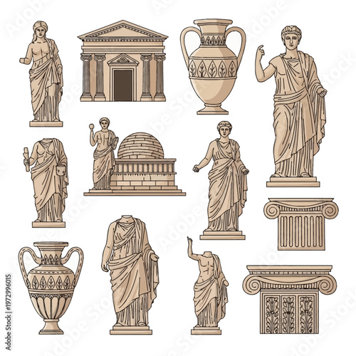 Vector illustration collection of ancient Roman and Greek artifacts featuring classical female and male statues, Ionic columns, a temple facade, amphora vases, and a circular monument.