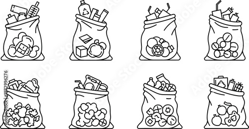 Black and White Vector Illustration of Six Trash Bags Filled with Various Waste Items and Recyclables