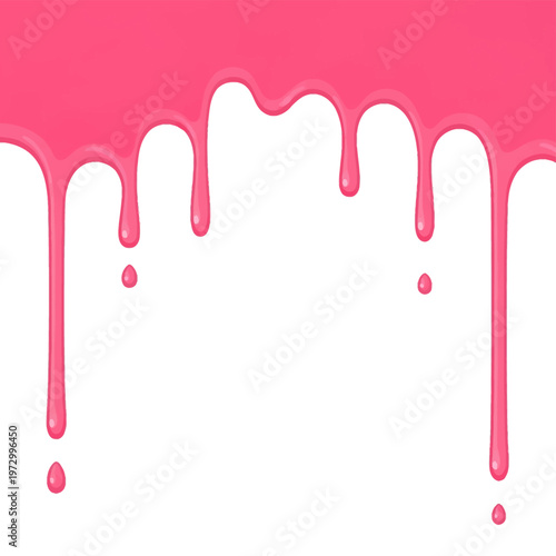Pink paint or liquid glaze dripping from the top edge onto a white background. Flat vector illustration of viscous fluid, droplets, and flowing trails forming a frame border.