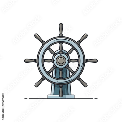 Detailed vector illustration of a traditional ship's steering wheel or helm mounted on a pedestal stand, nautical marine navigation equipment isolated on a plain white background.