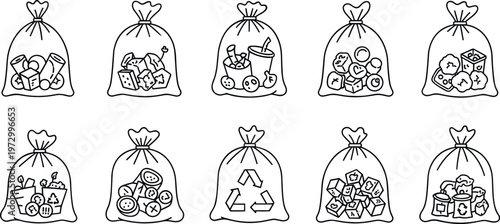 Black and White Vector Illustration of Nine Trash Bags with Different Types of Waste and Recycling Symbols