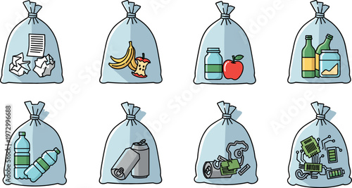 Vector Illustration of Eight Trash Bags with Different Types of Waste Including Paper, Plastic, and Food