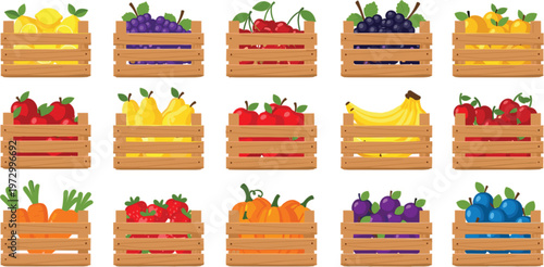 Fresh Fruit and Vegetable Crates with Grapes, Bananas, Apples, Carrots, and Tomatoes for Farm Market Designs