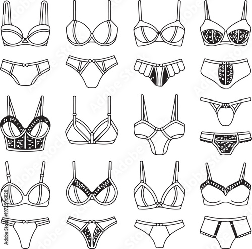 women underwear Collection of fashionable. Doodle outline hand drawn style. bra and panties