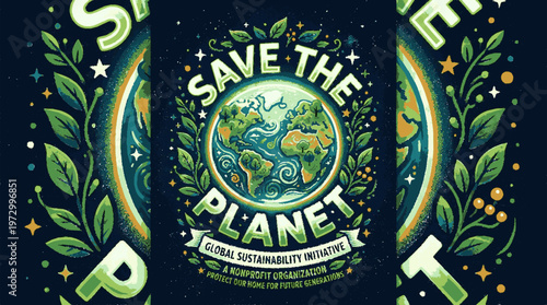 A colorful and detailed vector illustration promoting the message 'Save the Planet' with a global sustainability initiative theme